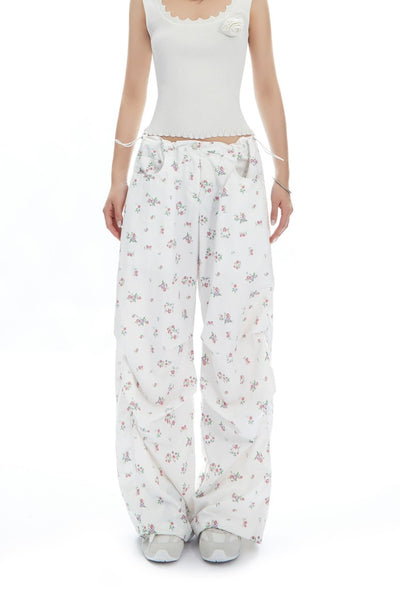 Floral Drawstring Loose Straight Versatile Wide-leg Pants APE0314