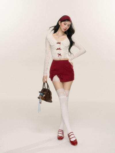 Sweetheart Doll Collar Lace Long Sleeve Thin Shirt/Red Skirt DIA0220