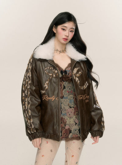 Fur Collar Loose Leopard Print Leather Jacket DIA0223