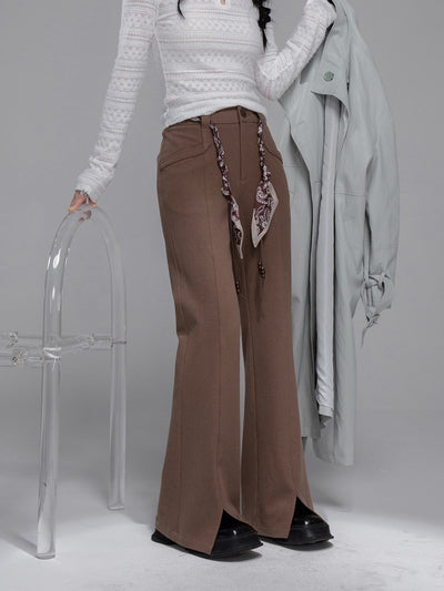 Chestnut Brown Scarf Belt Flared Pants COT0360