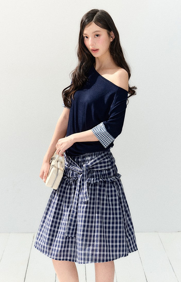 Oblique Shoulder Plaid T-shirt SHI0142