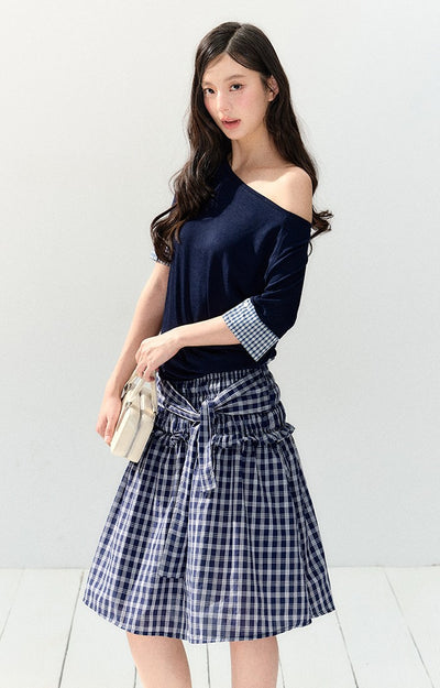 Oblique Shoulder Plaid T-shirt SHI0142