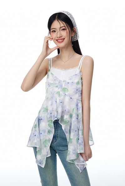 Blue And Green Flower-cut Suspender Bow Top/White Camisole NTO0116