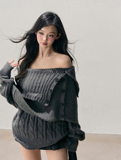 Gray Off-Shoulder Loose Sweater DIA0723