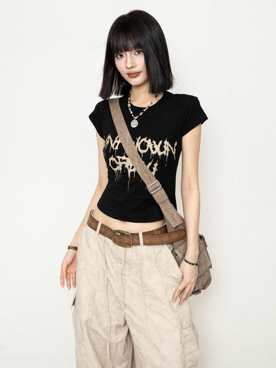 American Retro Style Simple Letter Print Short T-shirt ZER0212