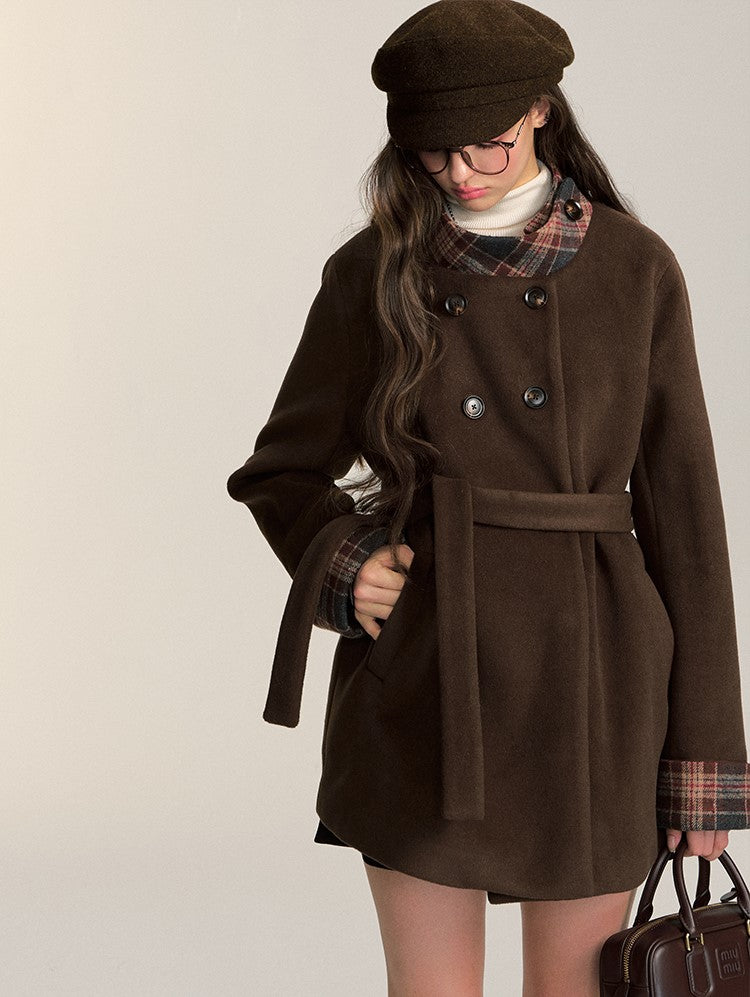 Retro Double-breasted Mid-length Coffee-colored Woolen Coat QDQ0085