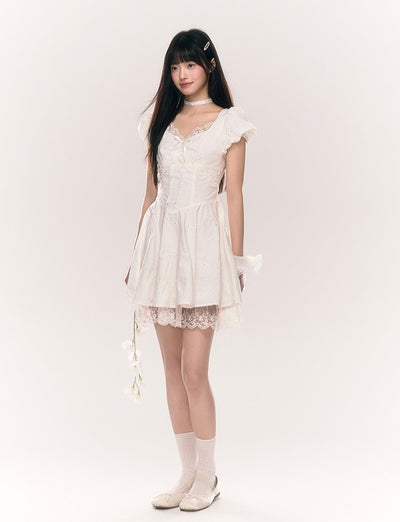 Lace Splicing Embroidery White Dress NTO0209