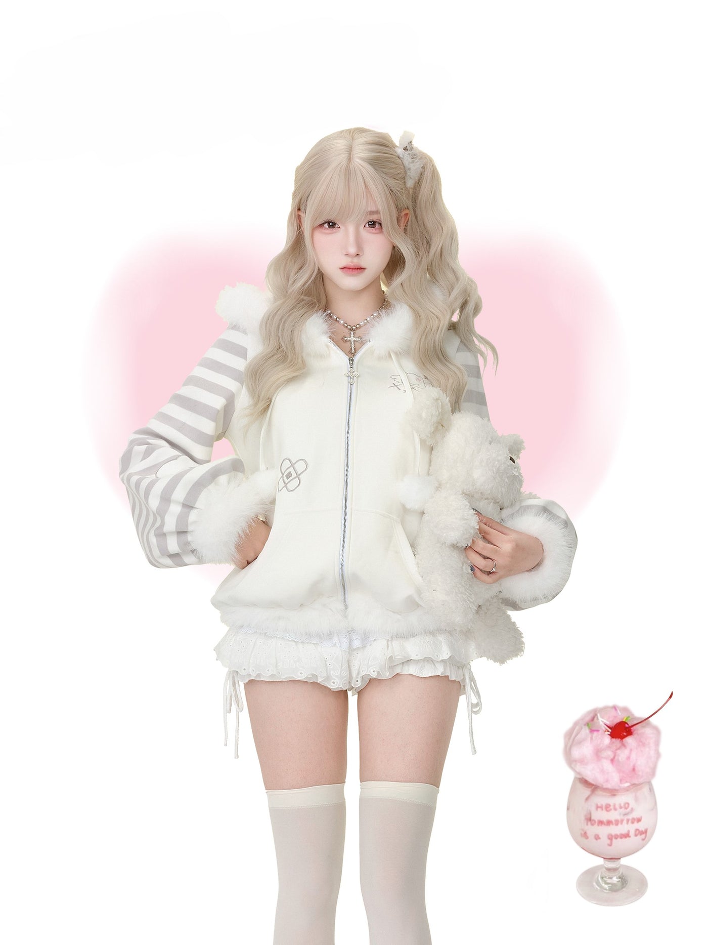 Gray and White Striped Hooded Jacket/Cake Skirt SER0198