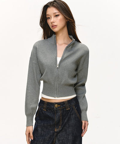 Stand Collar Zipper Knitted Short Cardigan ANA0096