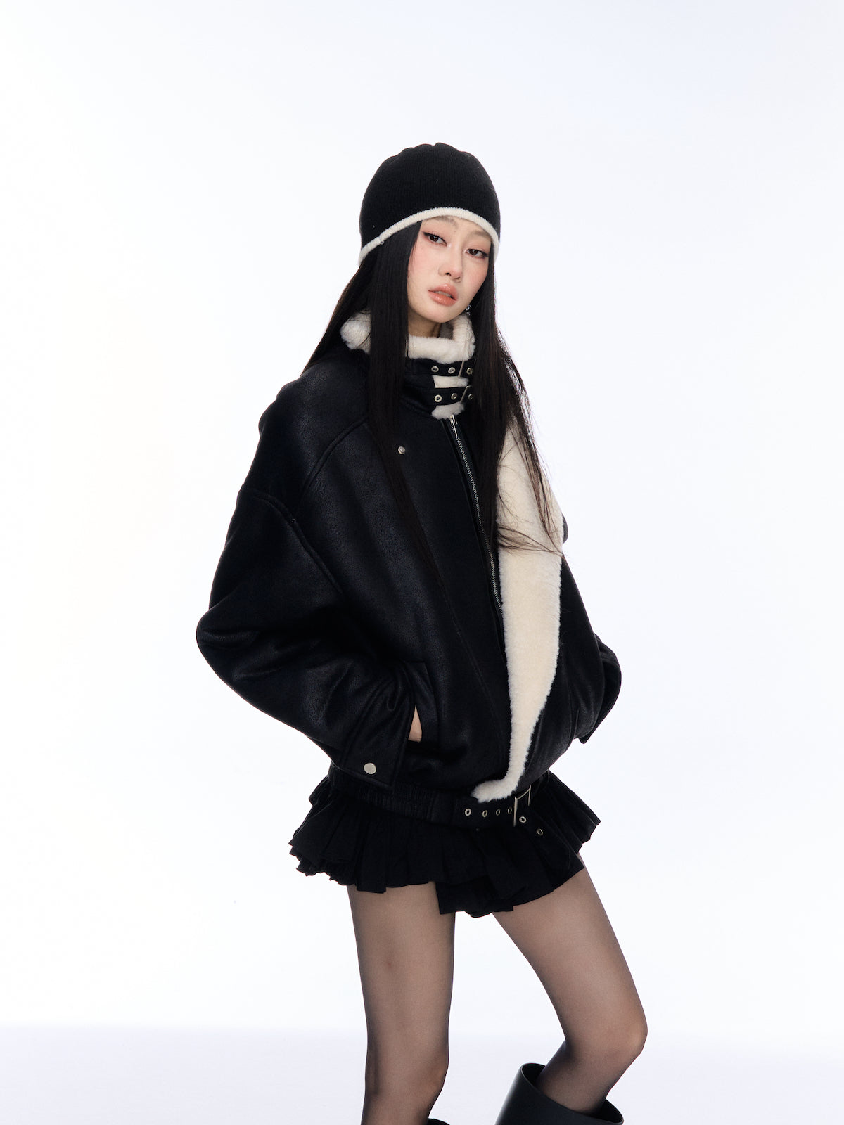 Black Placket Lapel Fur Jacket CUR0180