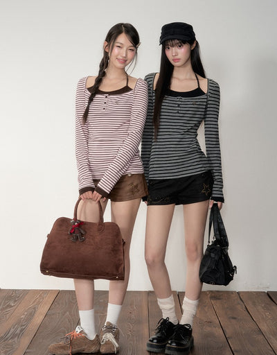 Fake two-piece Striped Hooded T-shirt SOO0024
