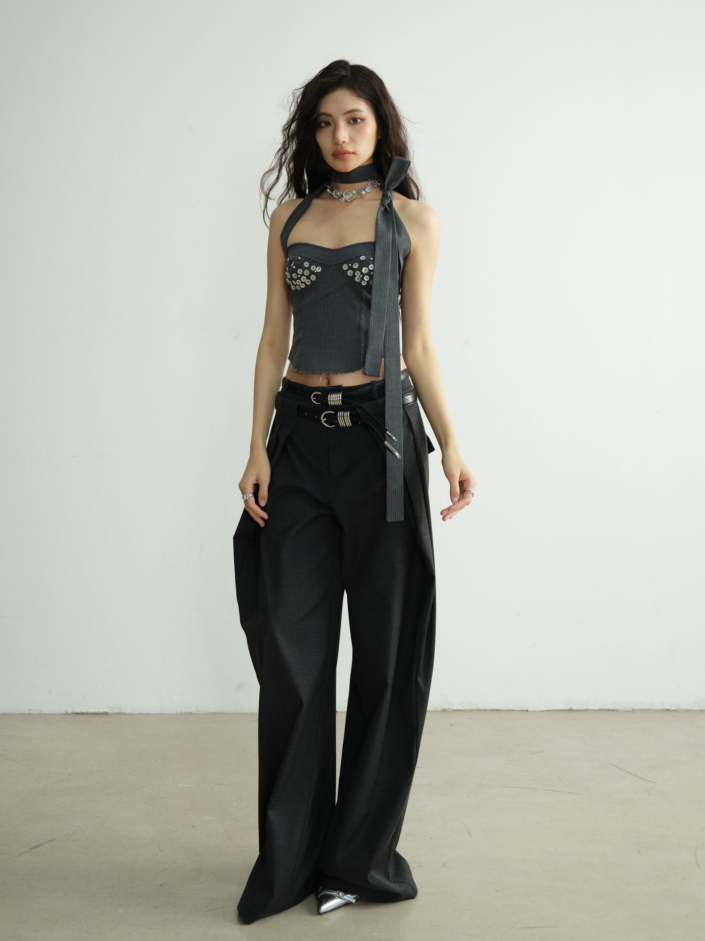 All-match Double Waist Metal Belt Pleated Casual Pants/Skirt JNY0196