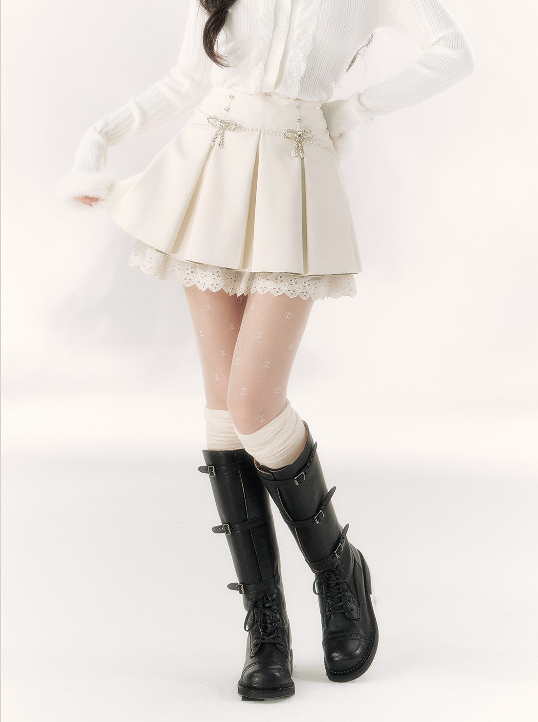 White Diamond Bow Lace Leather Skirt BBB0098