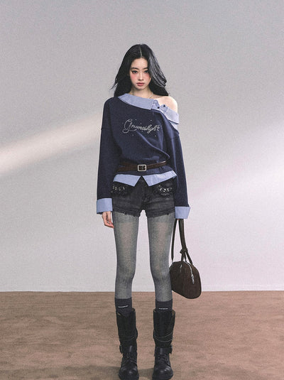 Fake Two-piece One Shoulder Plaid Sweatshirt DIA0626