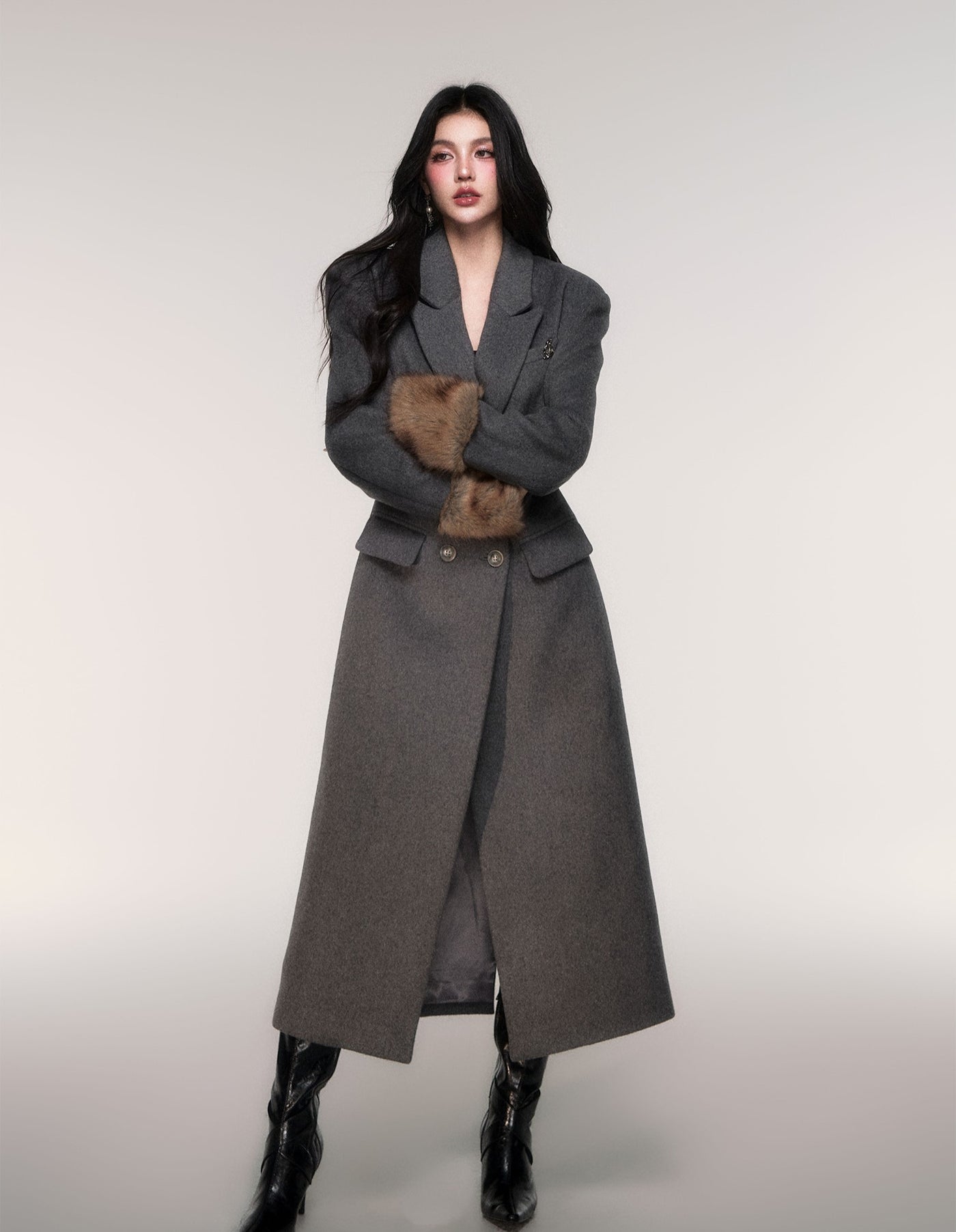 Grey Detachable Scarf Long Coat LUL0207