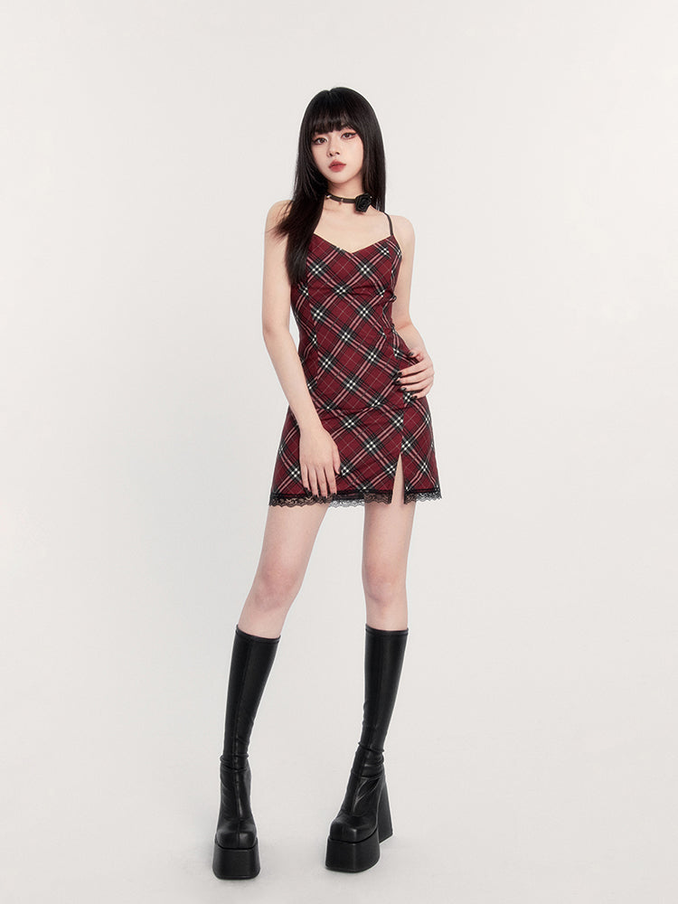 Red Plaid Split Lace Backless Suspender Short Dress VOC0225