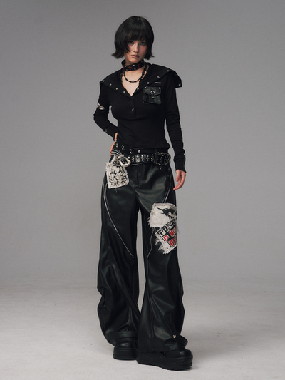 Punk Rock Zipper Split Print Leather Pants FRU0122