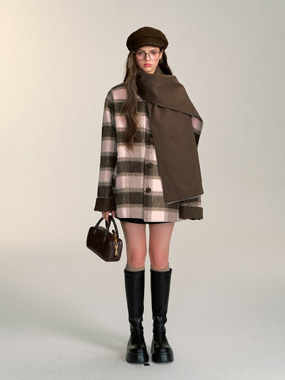 Double-sided With Scarf Retro Casual Plaid Short Woolen Coat QDQ0083