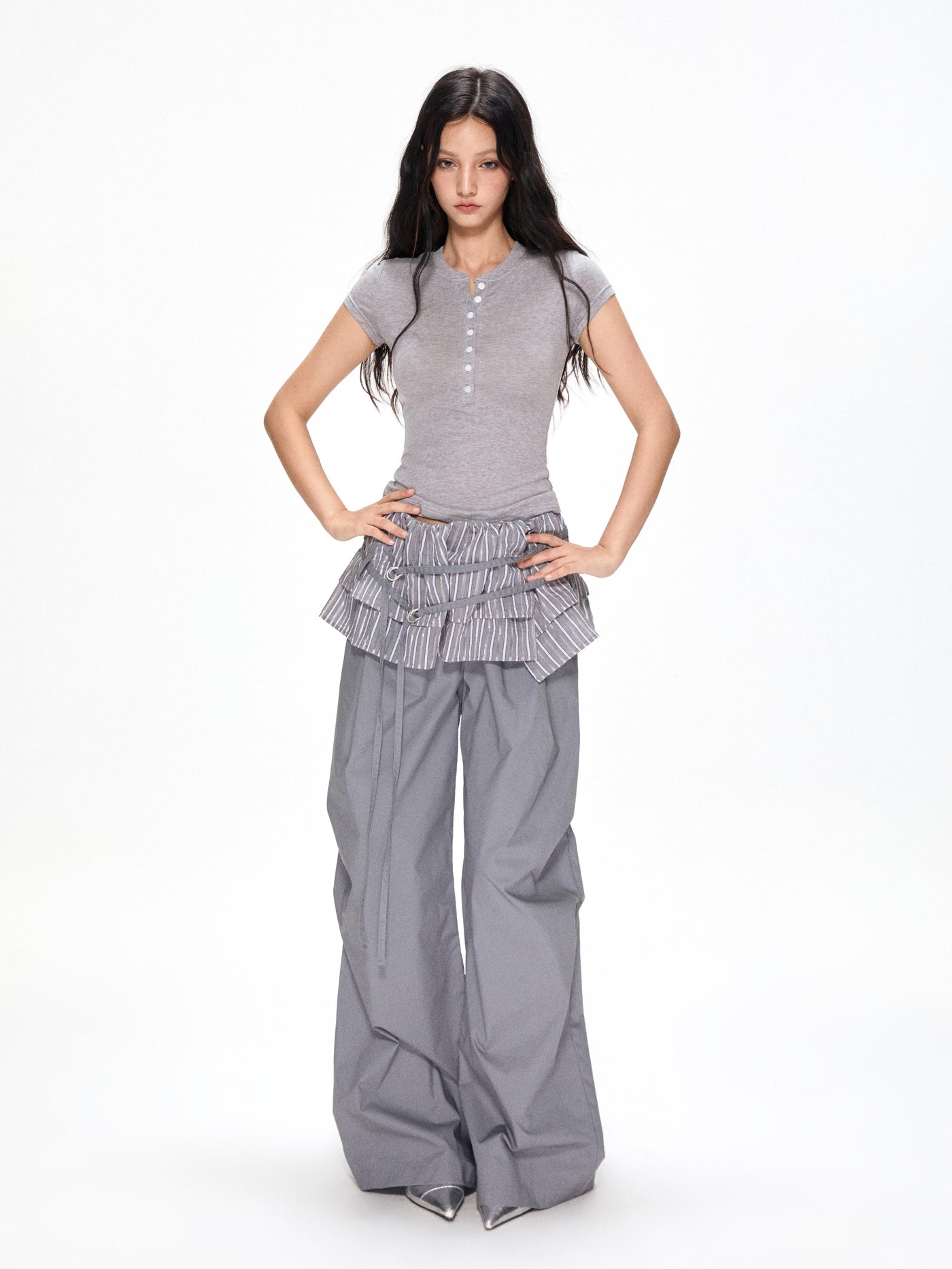 Satin Ruffled Casual Straight Pants APE0392
