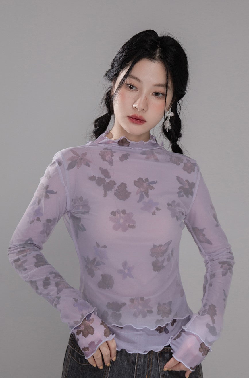 Layered Purple Flower Mesh Shirt COT0351