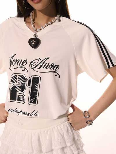 Letter Print V-neck Casual T-shirt ACM0089