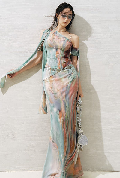 Ribbon Off-shoulder Asymmetric Top+Skirt OFA0268