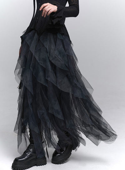Irregular Mesh Cake Long Skirt LAD0223