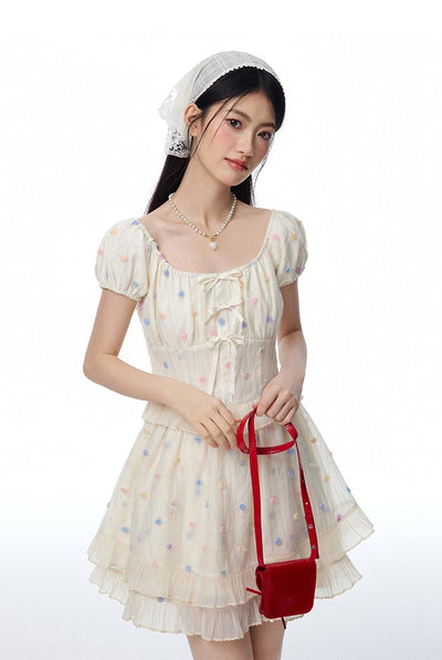 French Colorful Flower Embroidery Puff Sleeve Cake Dress NTO0100