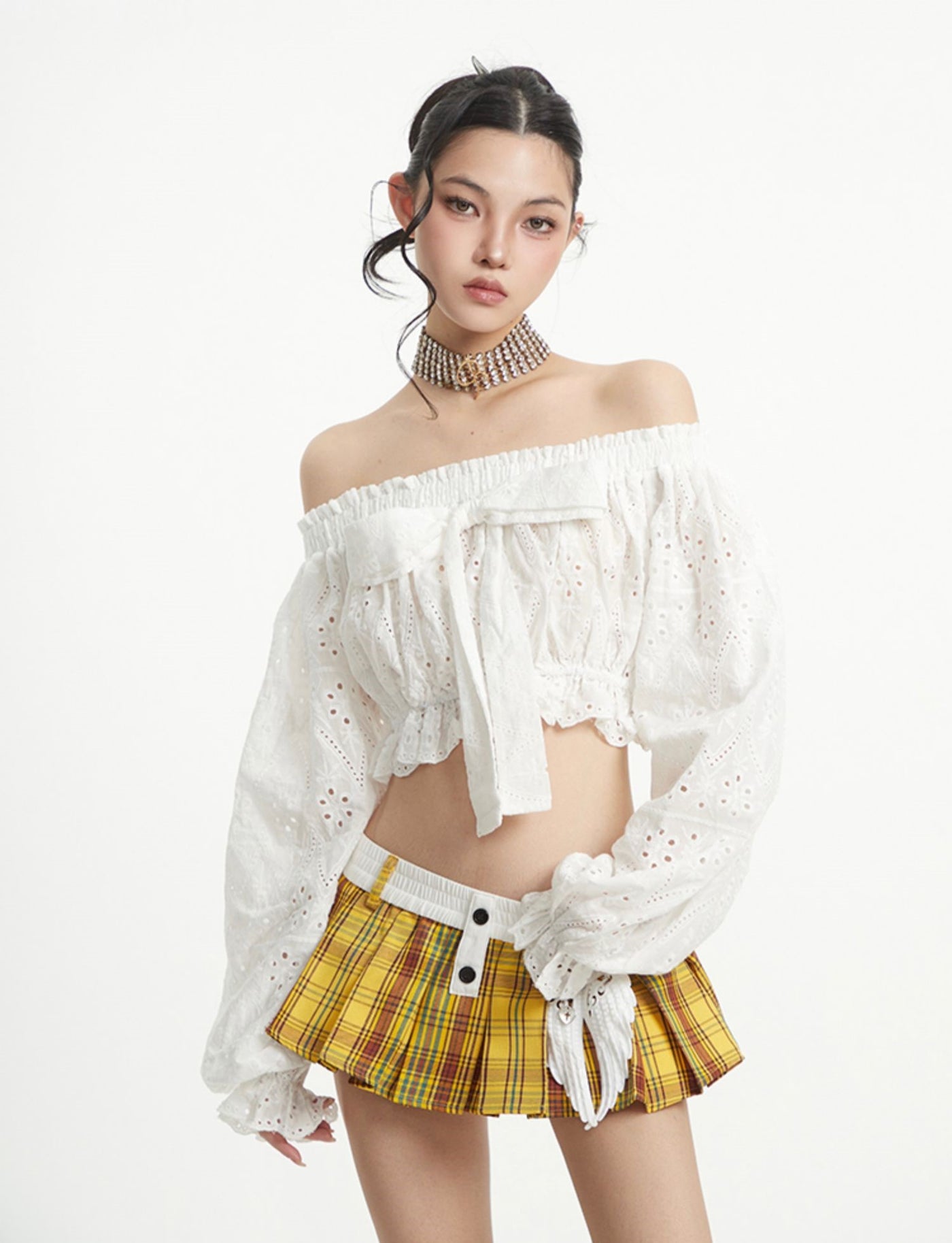 Puff Sleeve One Shoulder Bow Short Shirt UNC0258