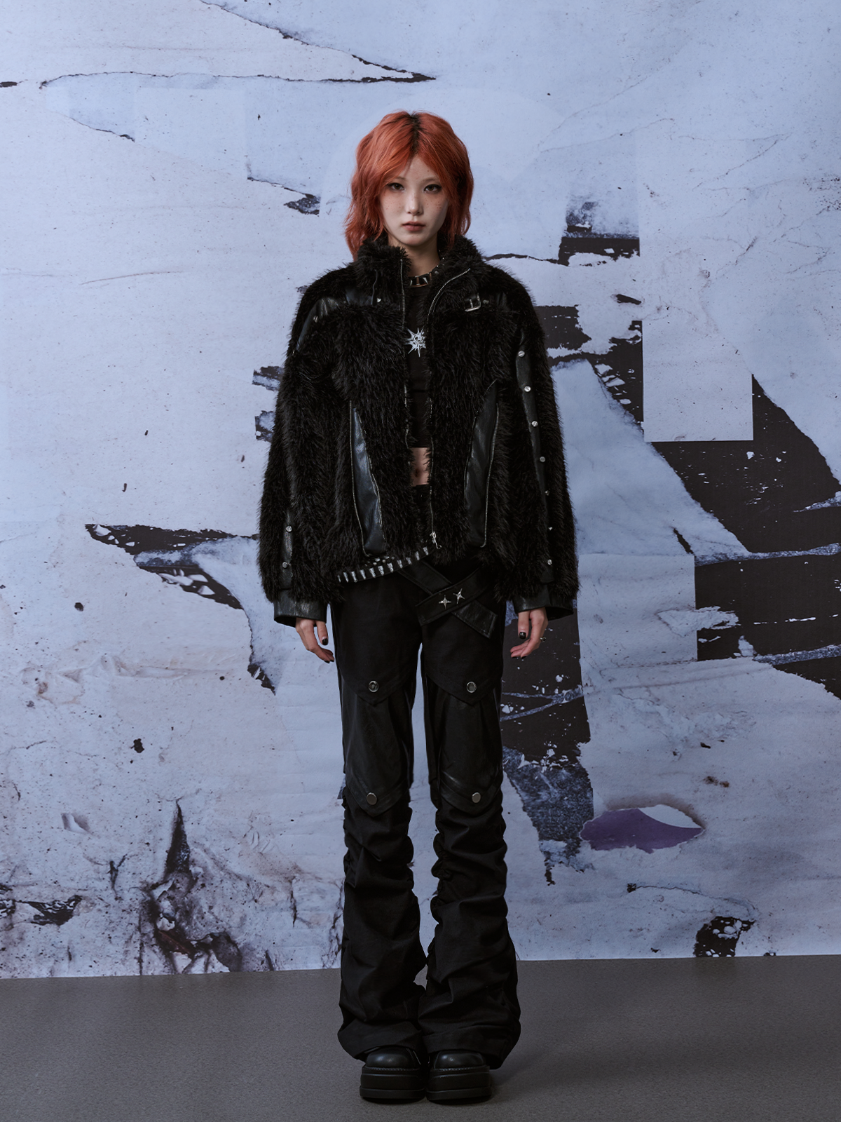 Patchwork Street Metal Punk Rivet Fur Jacket FRU0043