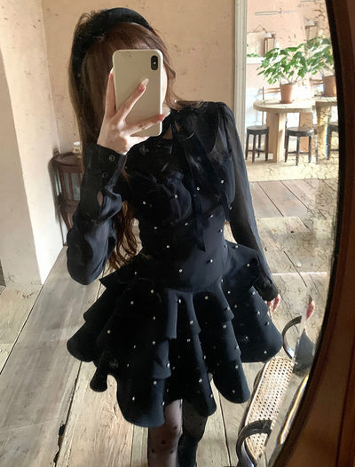 Black Satin Chiffon Long-sleeved Puffy Dress SIS0020