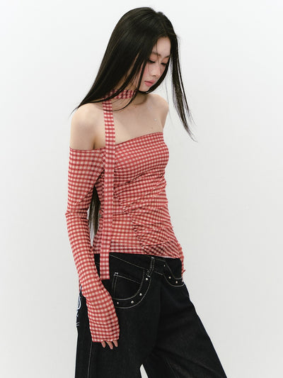 Plaid Mesh Long-sleeved T-shirt VIA0263