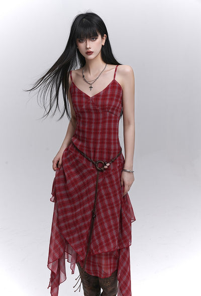 Irregular Hem Plaid Suspender Dress LAD0186