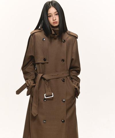 Brown Double-Breasted Long Trench Coat ANA0084