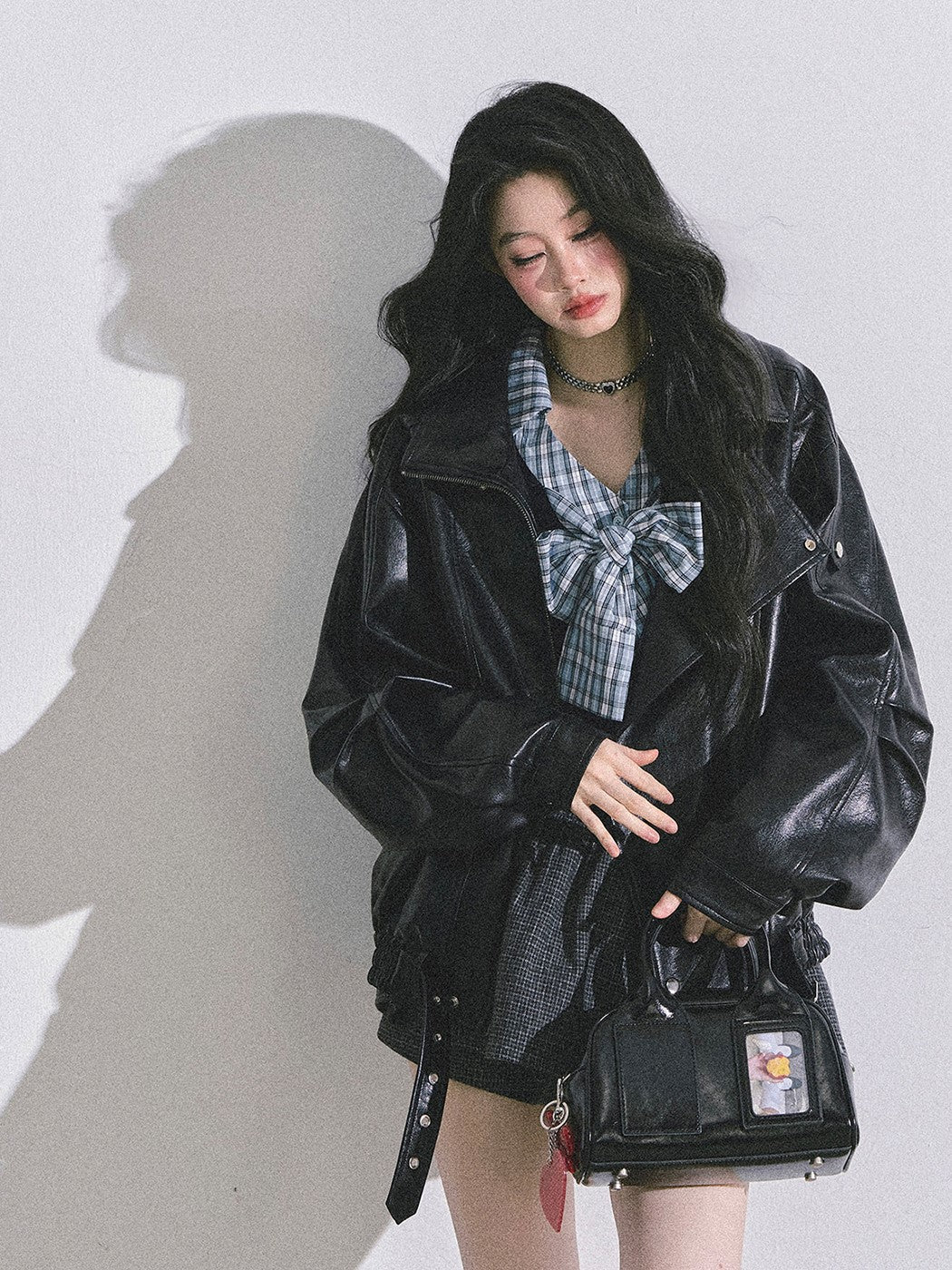 Fake Two-piece Bow Plaid Shirt DIA0599