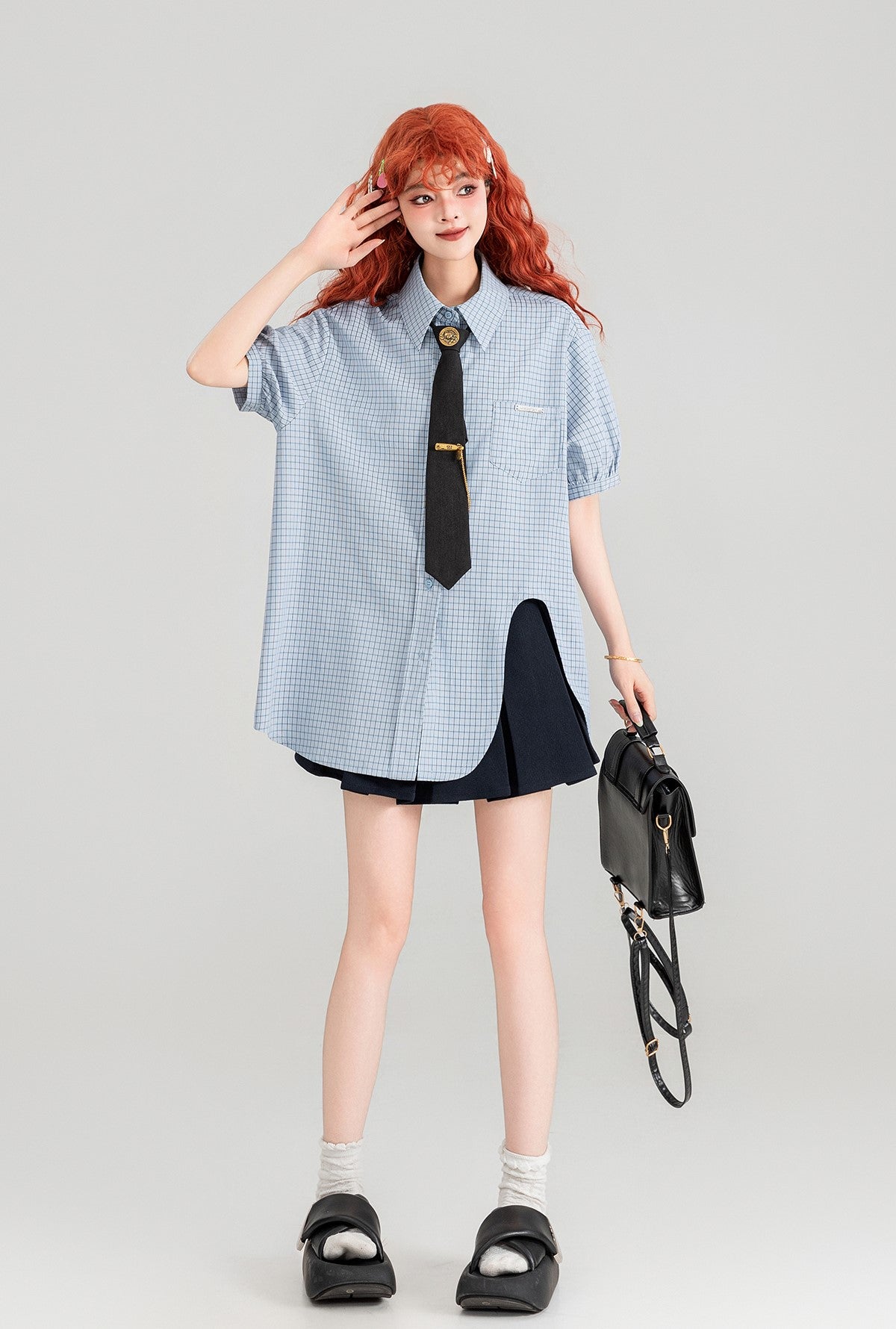 Blue Plaid Short-sleeved Shirt/Pleated Skirt/Black Tie KEI0091