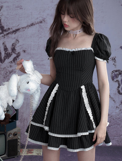 Black Striped Lace Cake Dress SAG0267