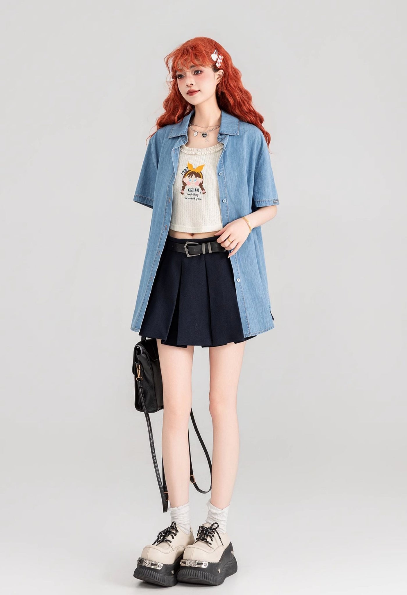 Two-piece Short-sleeved Thin Denim Shirt/Lace-up Vest KEI0088