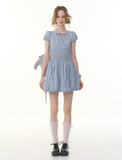 Retro Blue Plaid Puff Sleeve Dress ZIZ0288