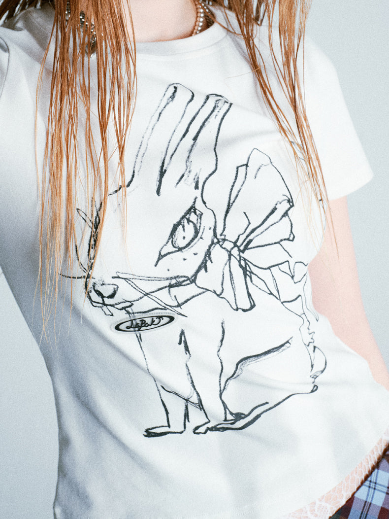 Rabbit Hand-painted Printing Slim Cotton T-shirt LAP0037