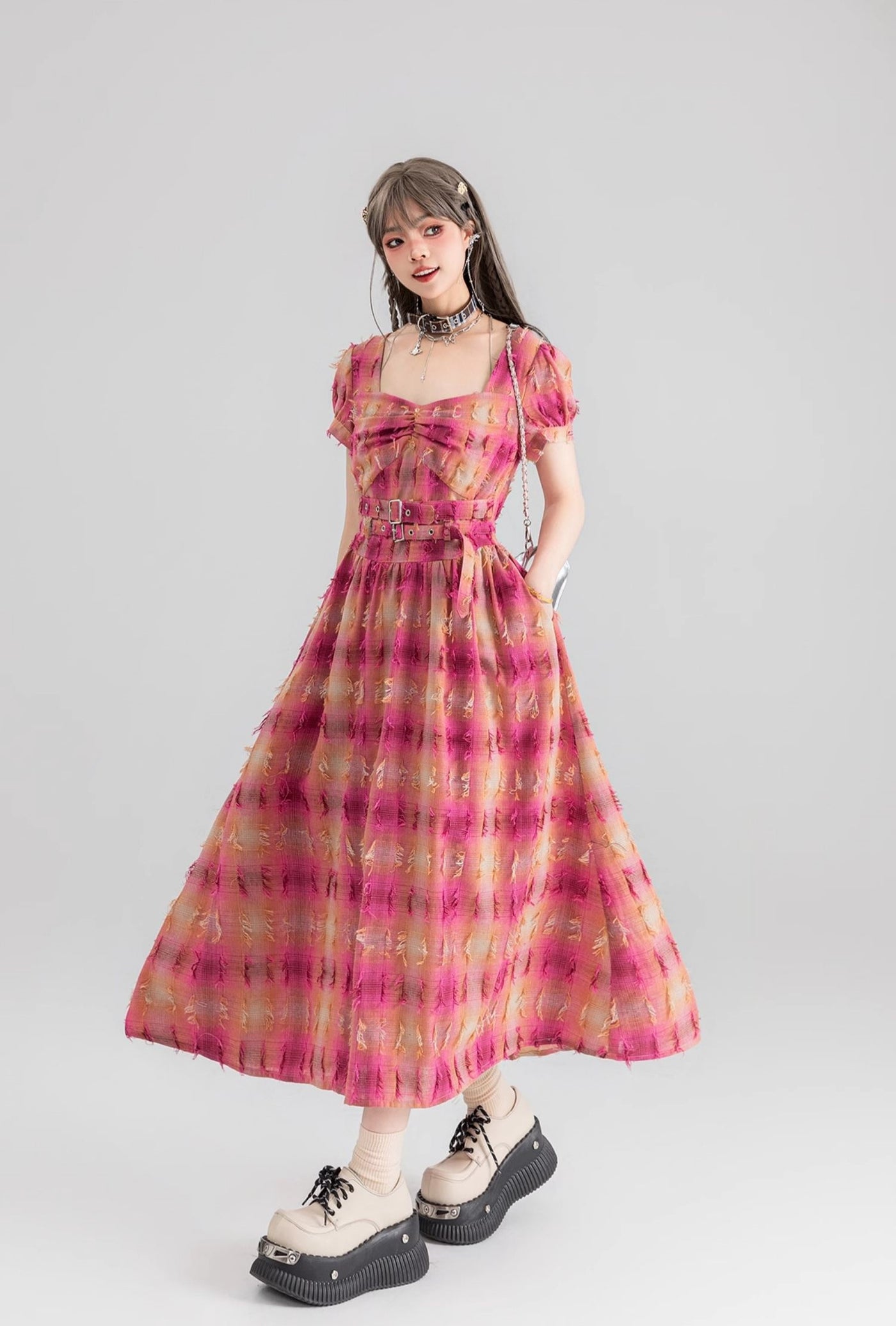 Flying Yarn-dyed Plaid Mid-length Dress KEI0066