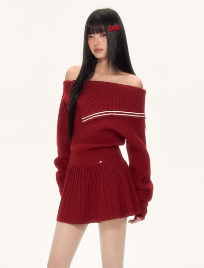 Irregular Navy Collar Off-shoulder Knit Dress WEE0095