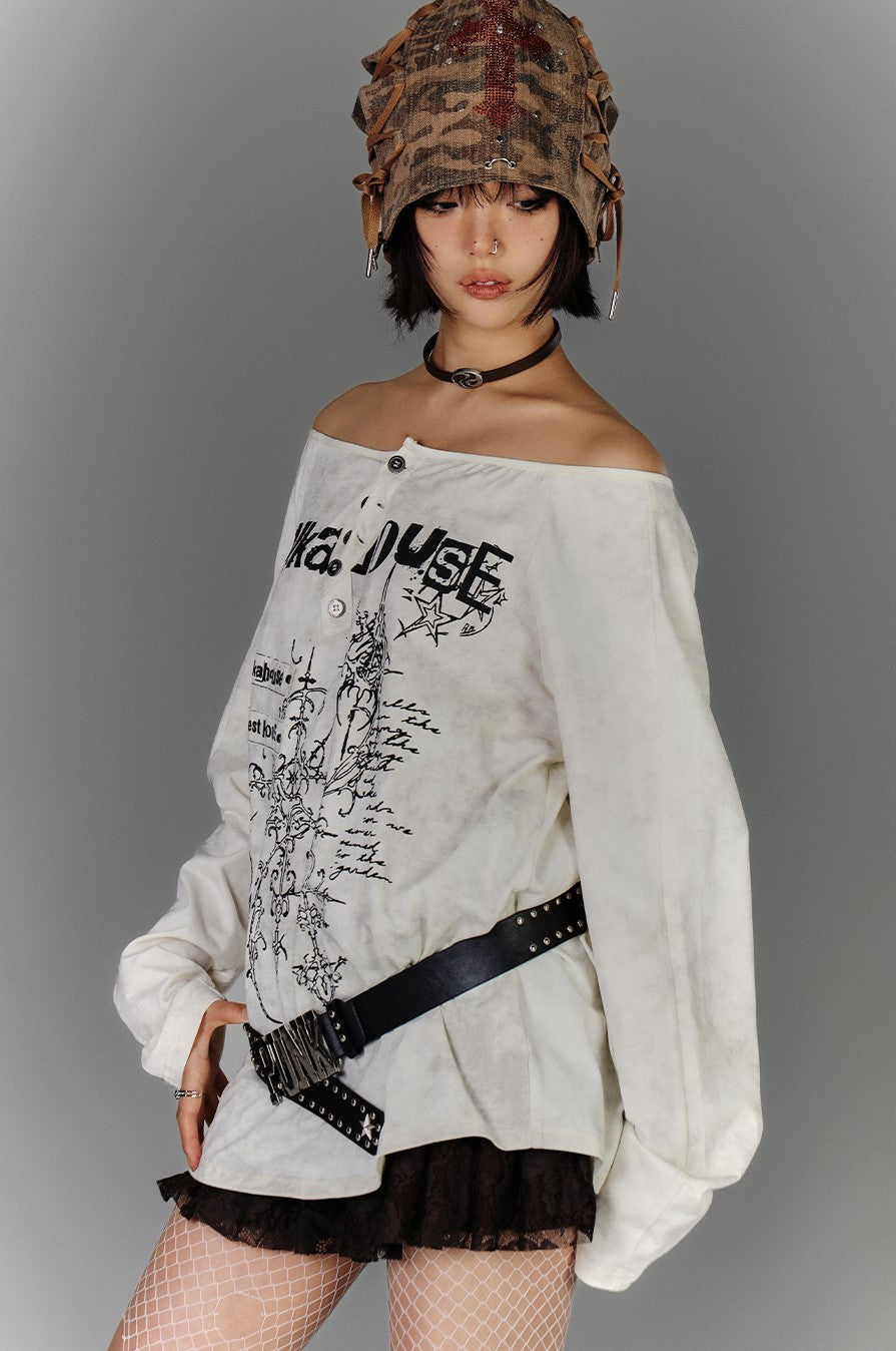 One-shoulder Henley Collar Punk T-shirt KIN0138