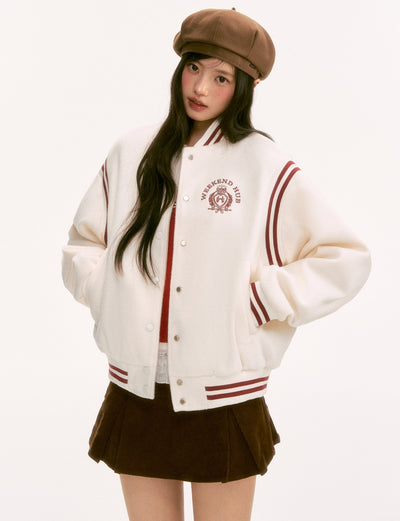 White Color-Blocked Wool Baseball Jacket WEE0125