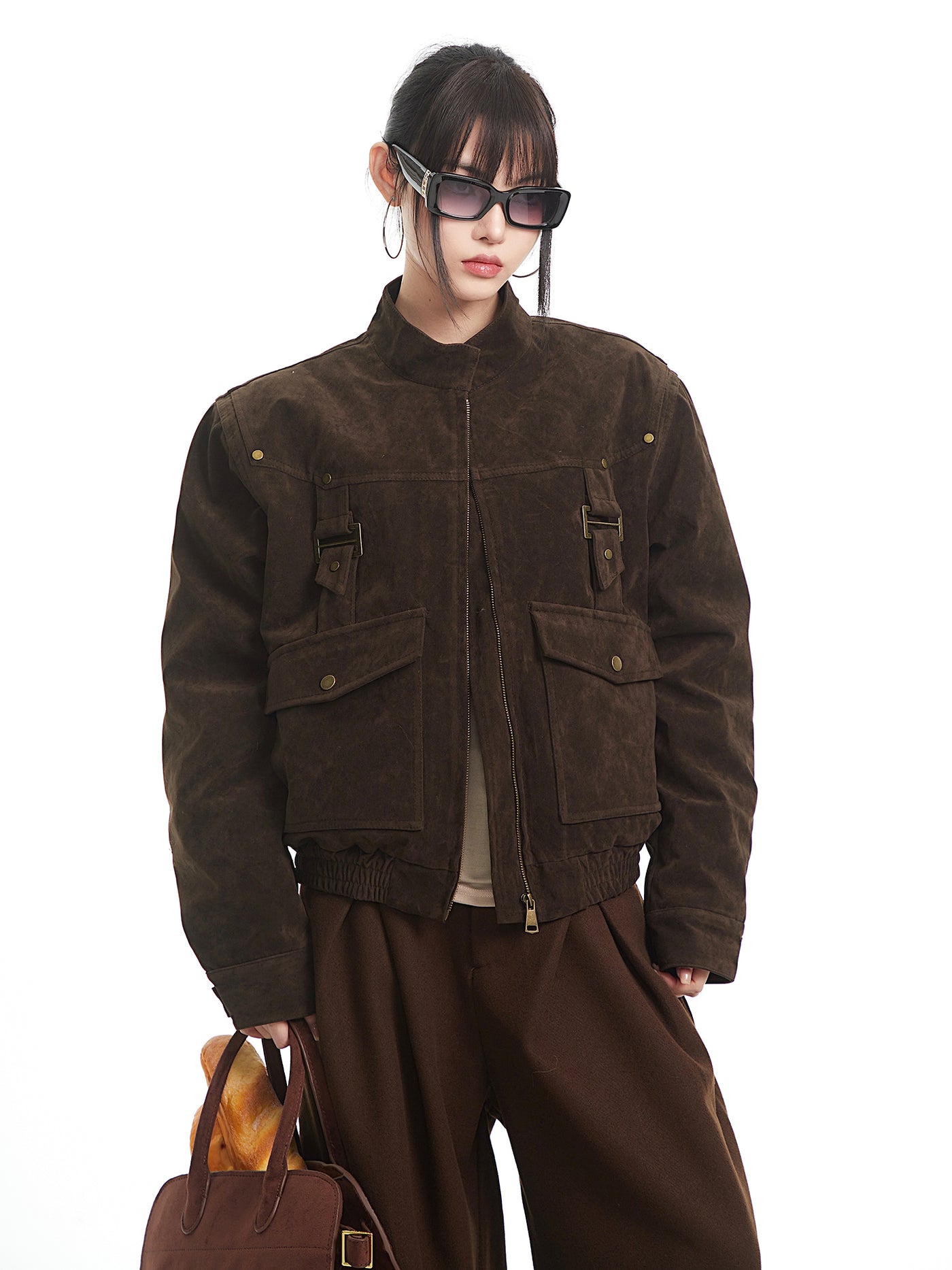 Brown Retro Suede Stand Collar Jacket UNC0330