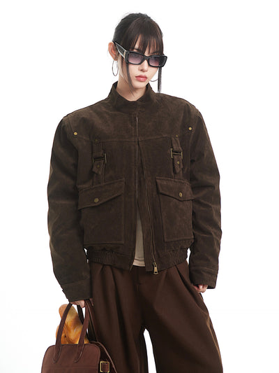 Brown Retro Suede Stand Collar Jacket UNC0330