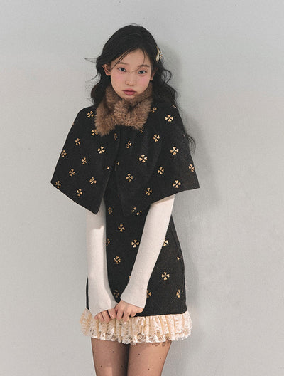 Sequins Design Dress/Detachable Fur Collar Cape DIA0750