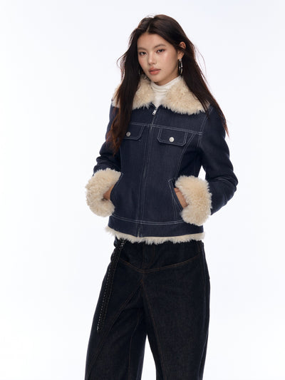 Retro Design Fur Patchwork Short Denim Jacket CUR0185