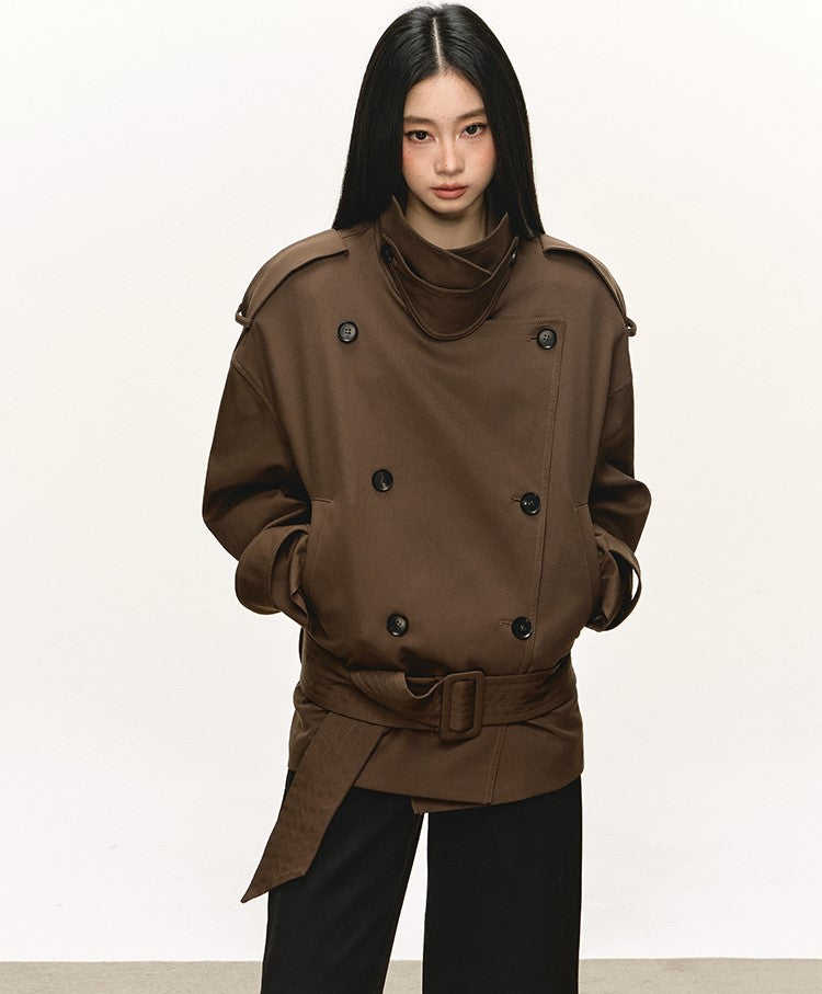 Dark Brown Stand Collar Short Trench Coat ANA0112