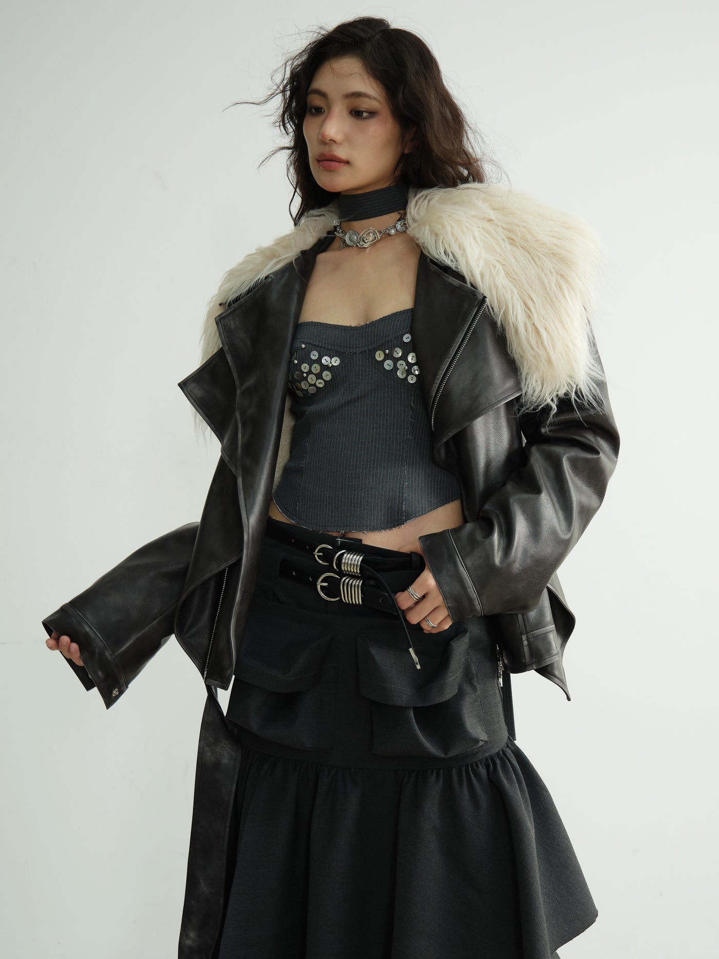 Dark Retro Rock Fur Collar Fake Two-piece Layered Rubbed Color Leather Jacket JNY0192